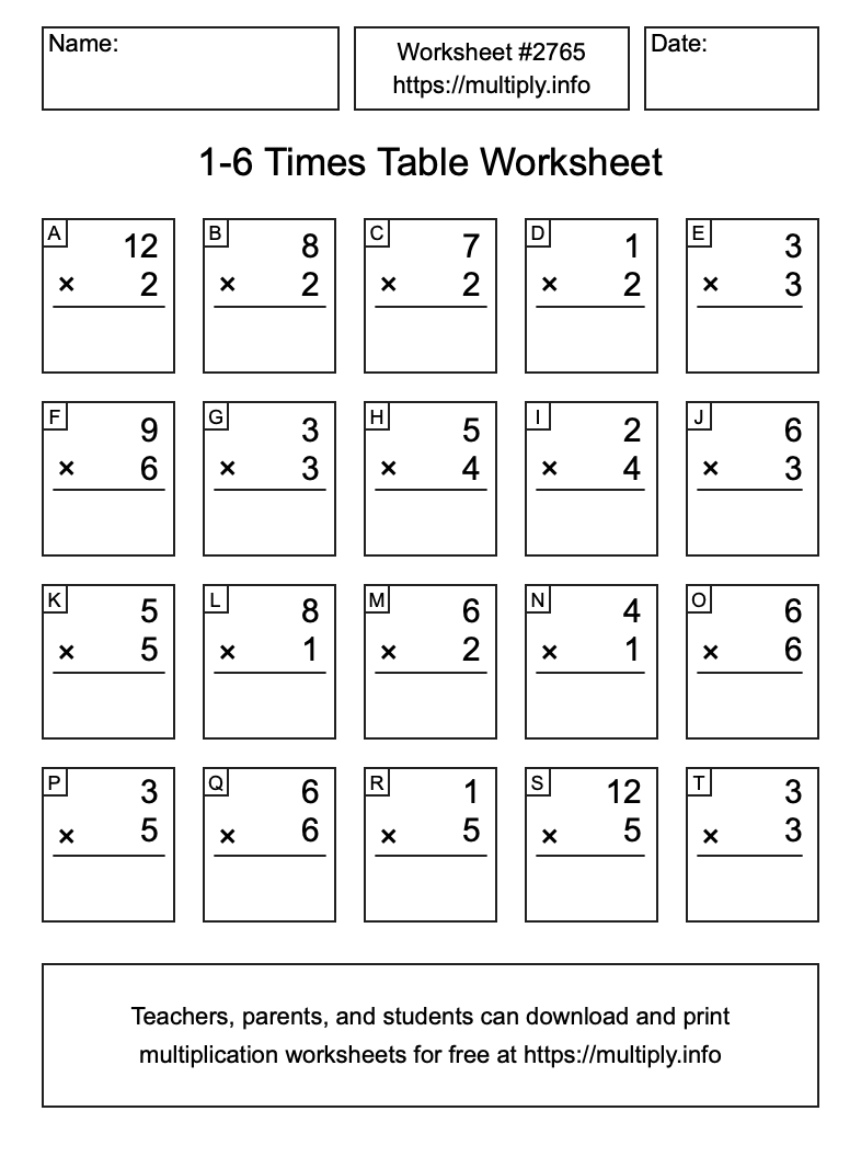 1 to 6 Times Table Worksheet #2765