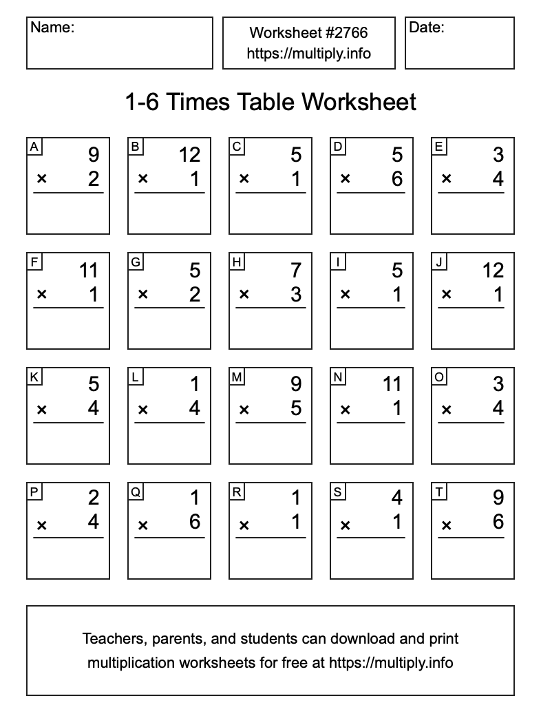 1 to 6 Times Table Worksheet #2766