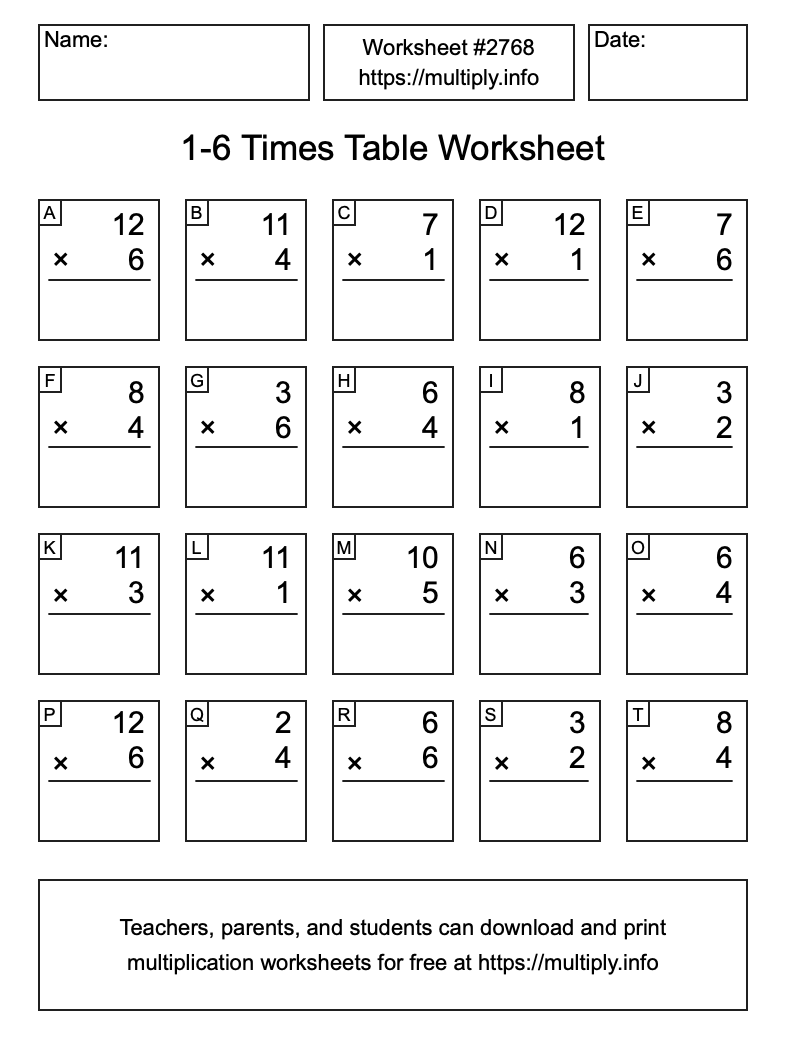 1 to 6 Times Table Worksheet #2768