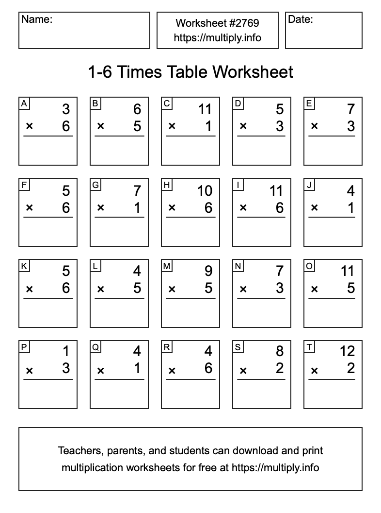 1 to 6 Times Table Worksheet #2769