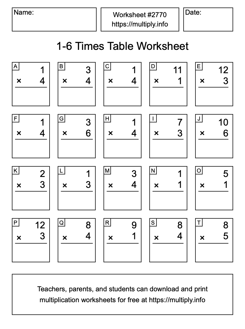 1 to 6 Times Table Worksheet #2770