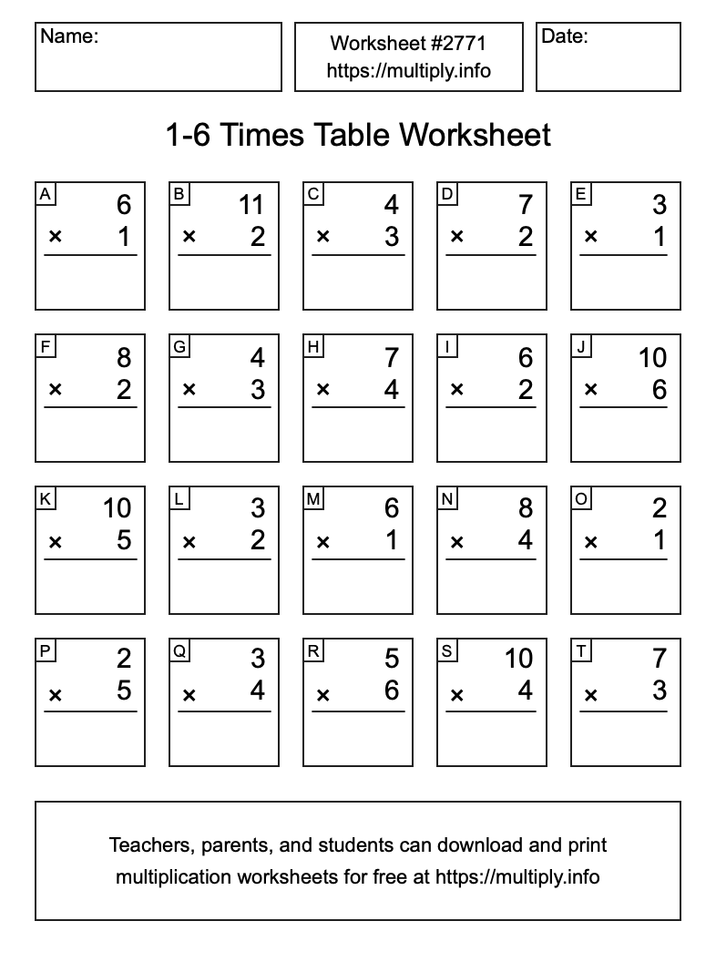 1 to 6 Times Table Worksheet #2771