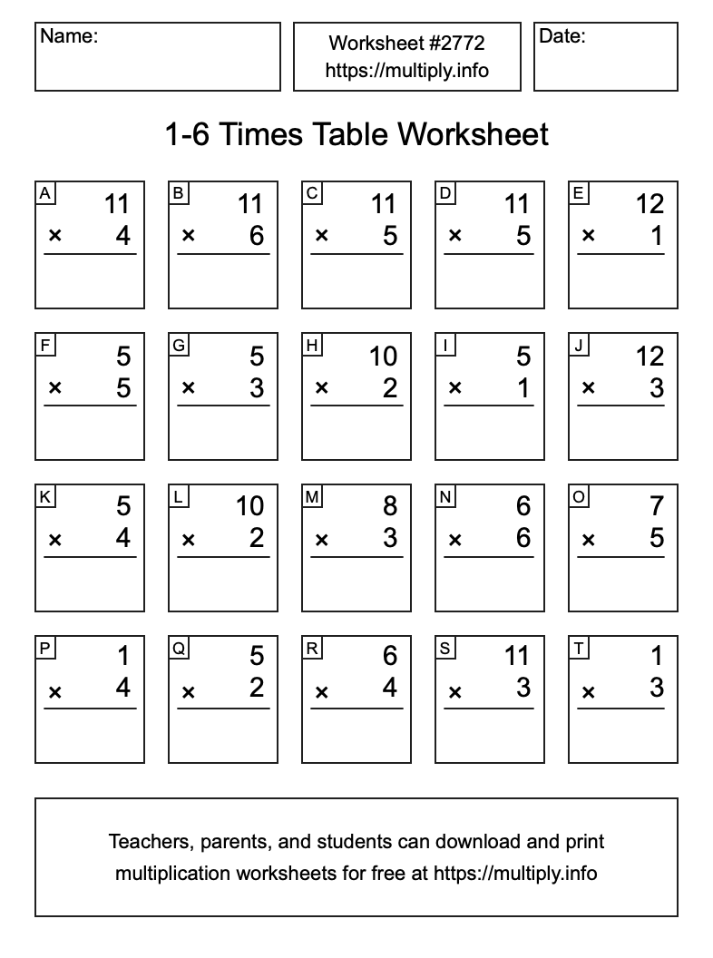 1 to 6 Times Table Worksheet #2772