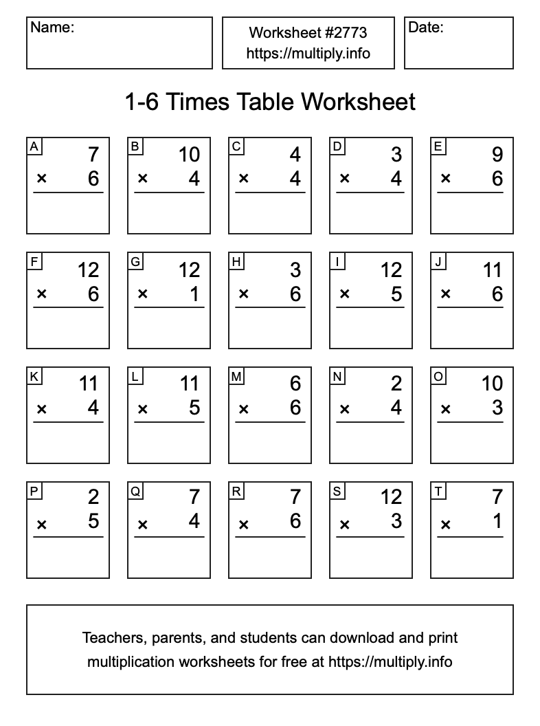 1 to 6 Times Table Worksheet #2773