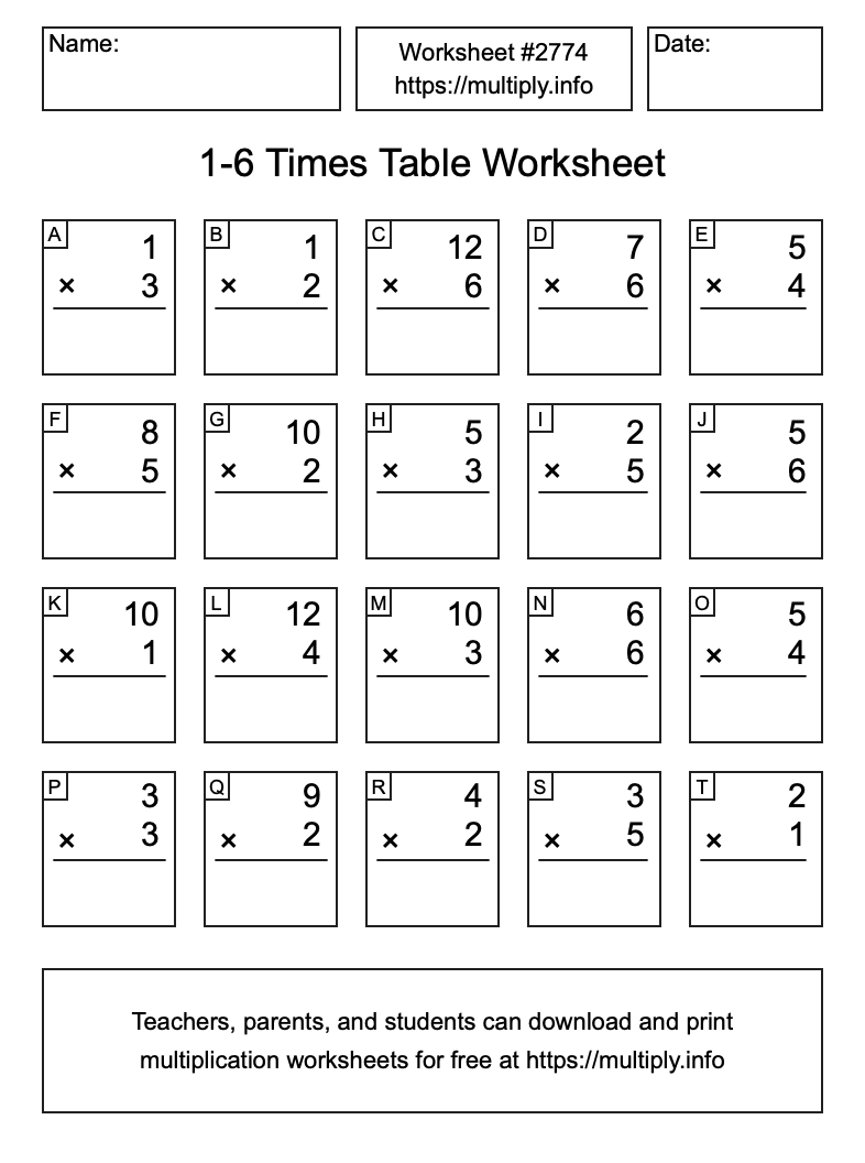 1 to 6 Times Table Worksheet #2774