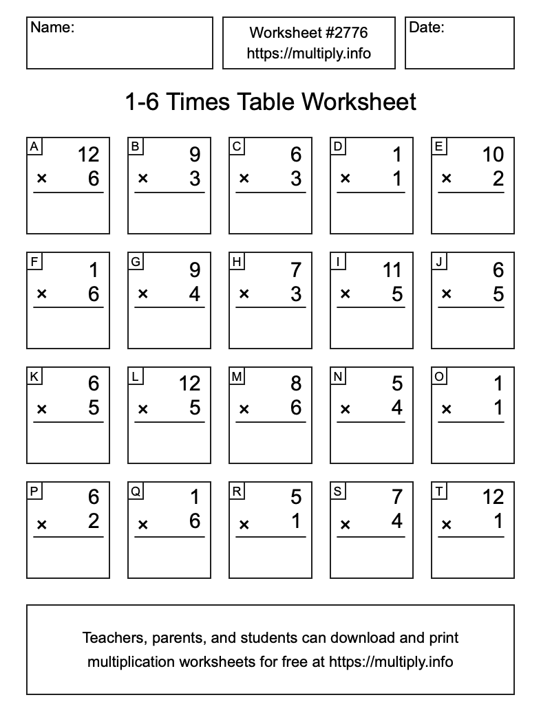 1 to 6 Times Table Worksheet #2776