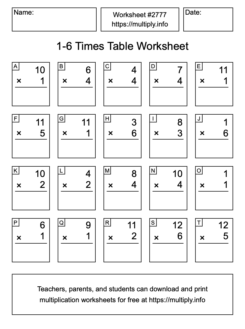 1 to 6 Times Table Worksheet #2777