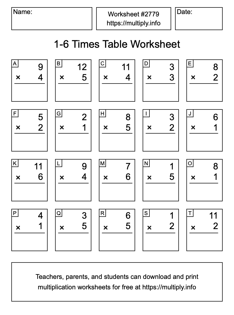 1 to 6 Times Table Worksheet #2779