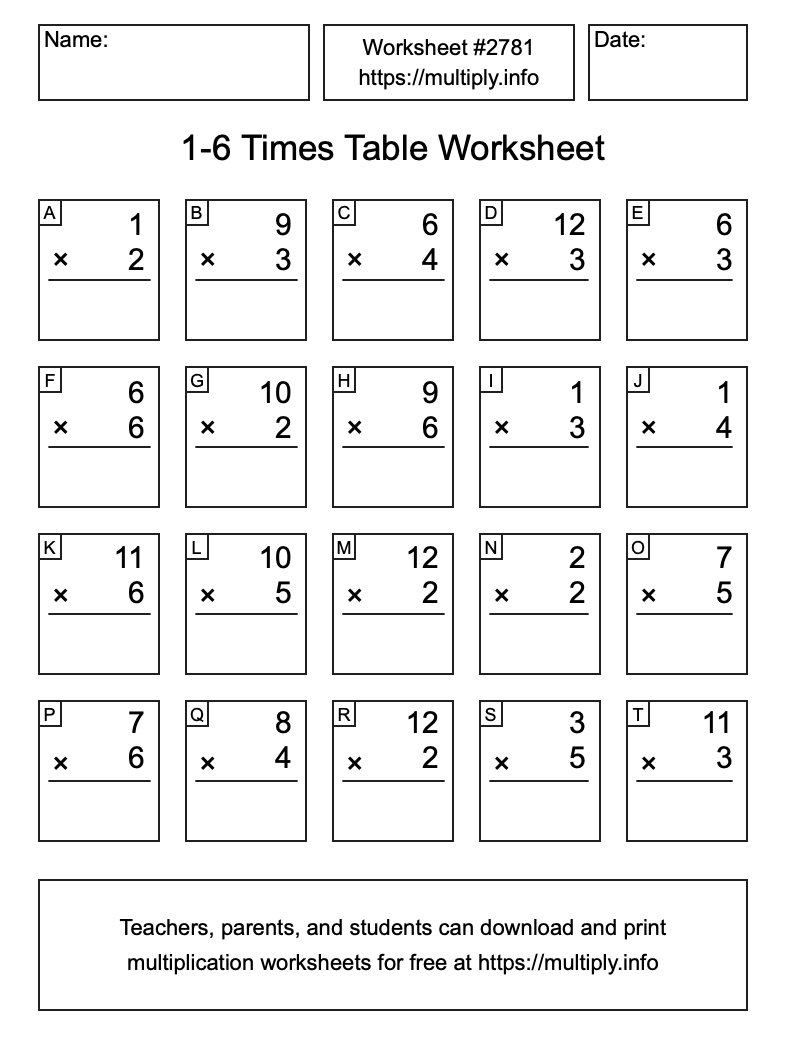 1 to 6 Times Table Worksheet #2781