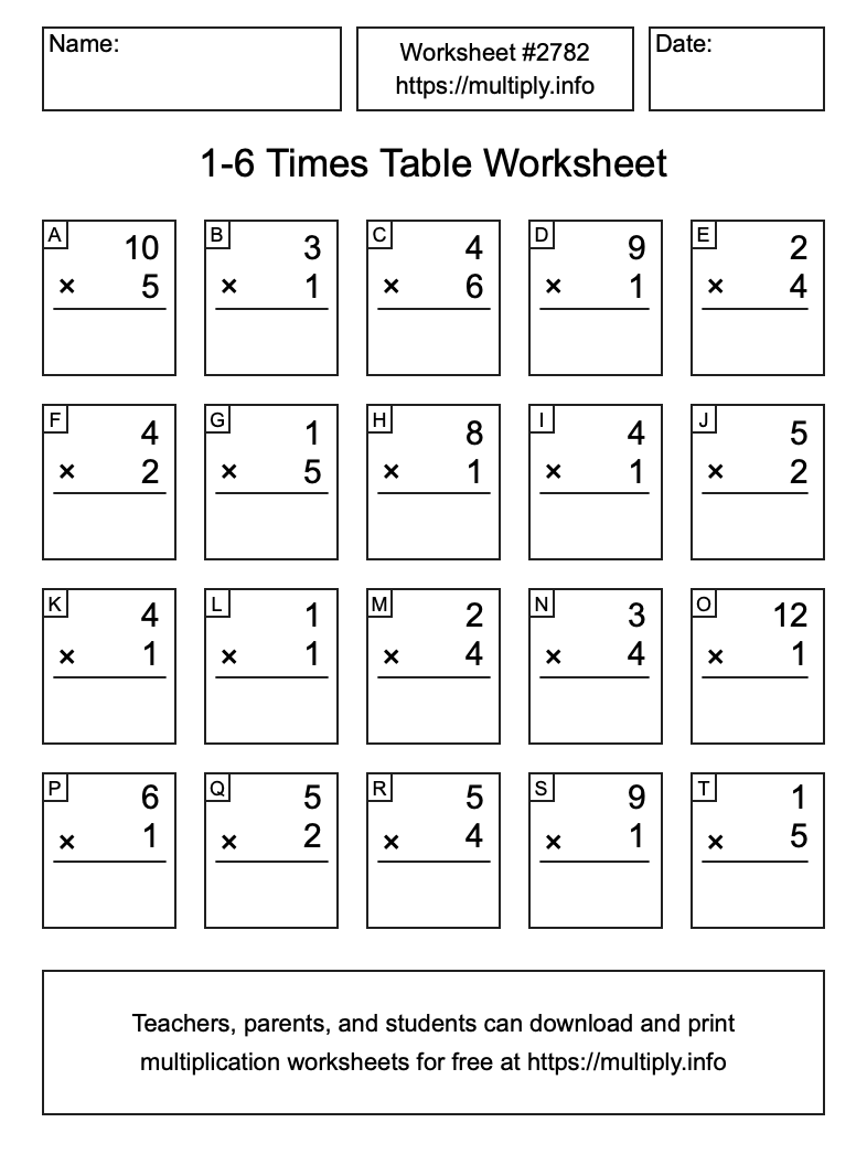 1 to 6 Times Table Worksheet #2782