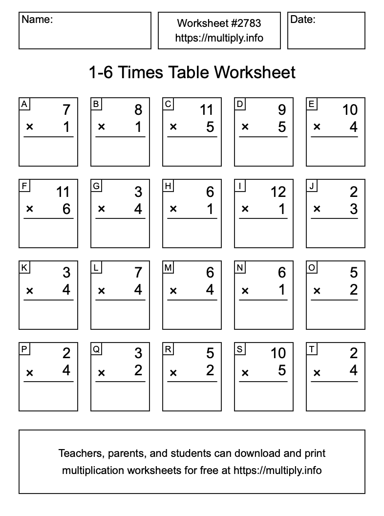 1 to 6 Times Table Worksheet #2783