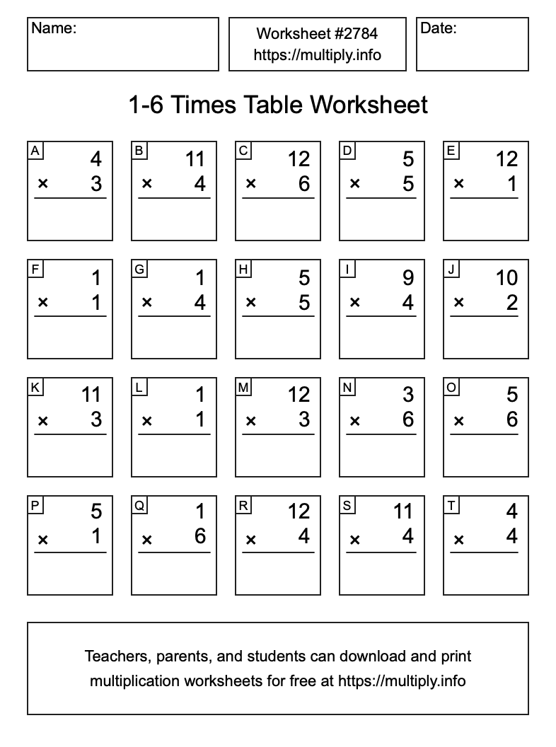 1 to 6 Times Table Worksheet #2784