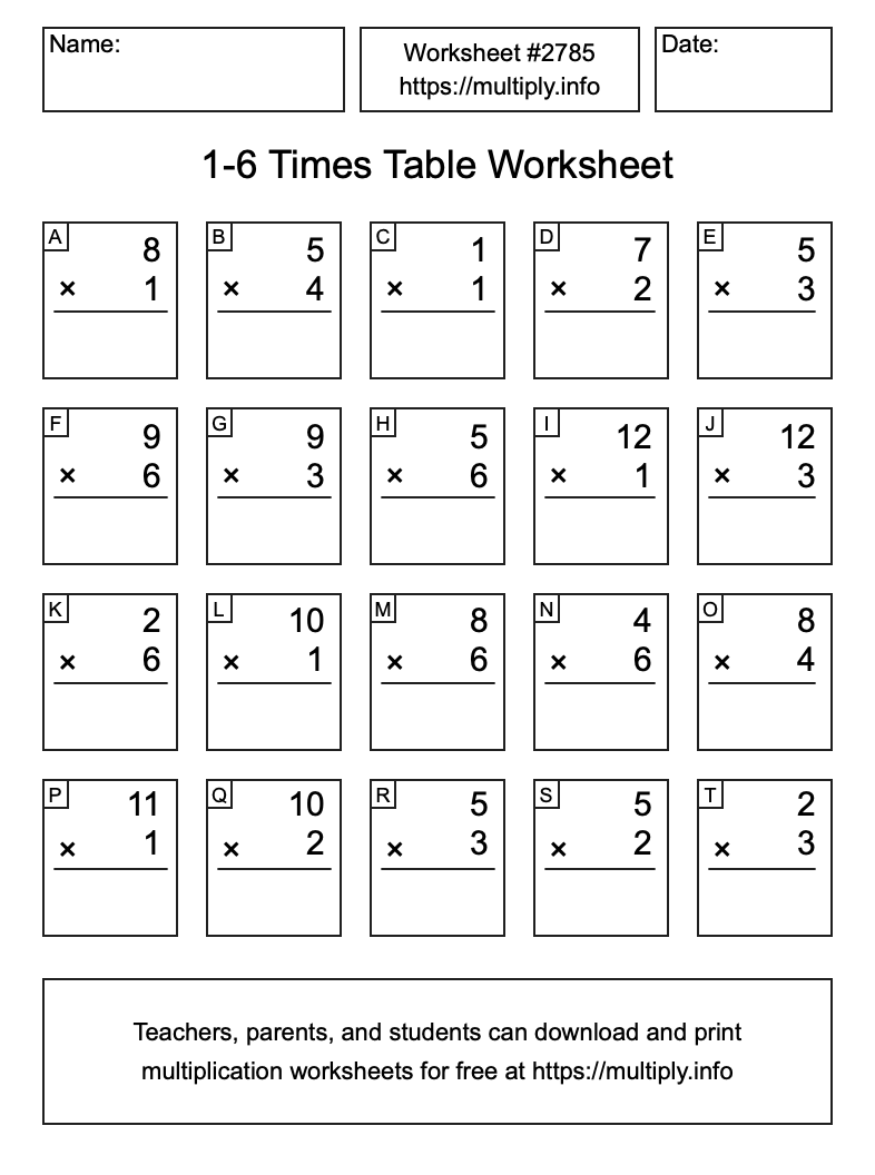 1 to 6 Times Table Worksheet #2785