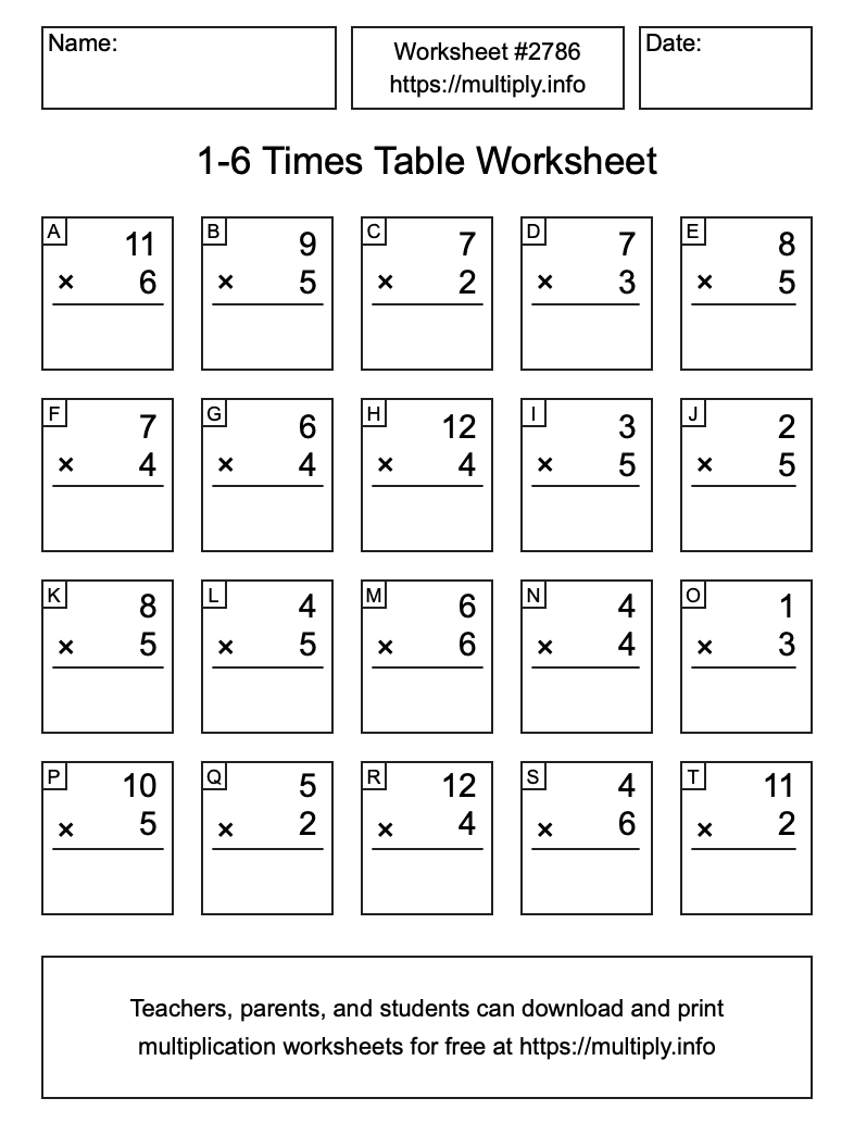 1 to 6 Times Table Worksheet #2786