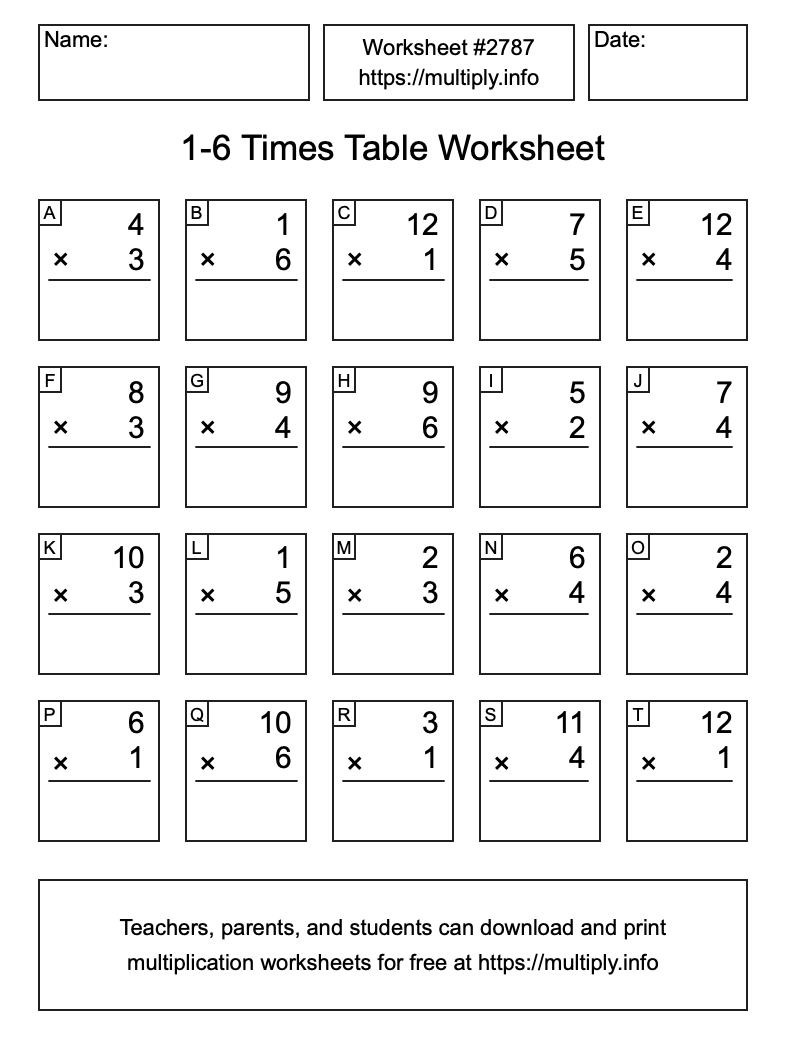 1 to 6 Times Table Worksheet #2787