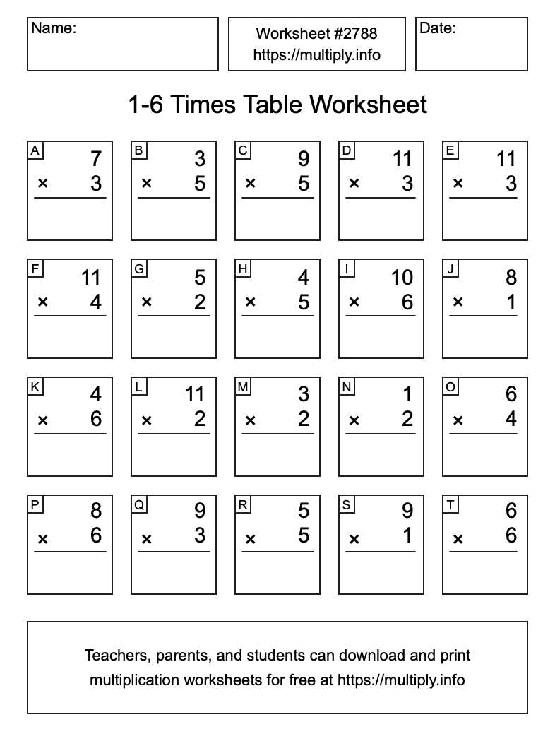 1 to 6 Times Table Worksheet #2788