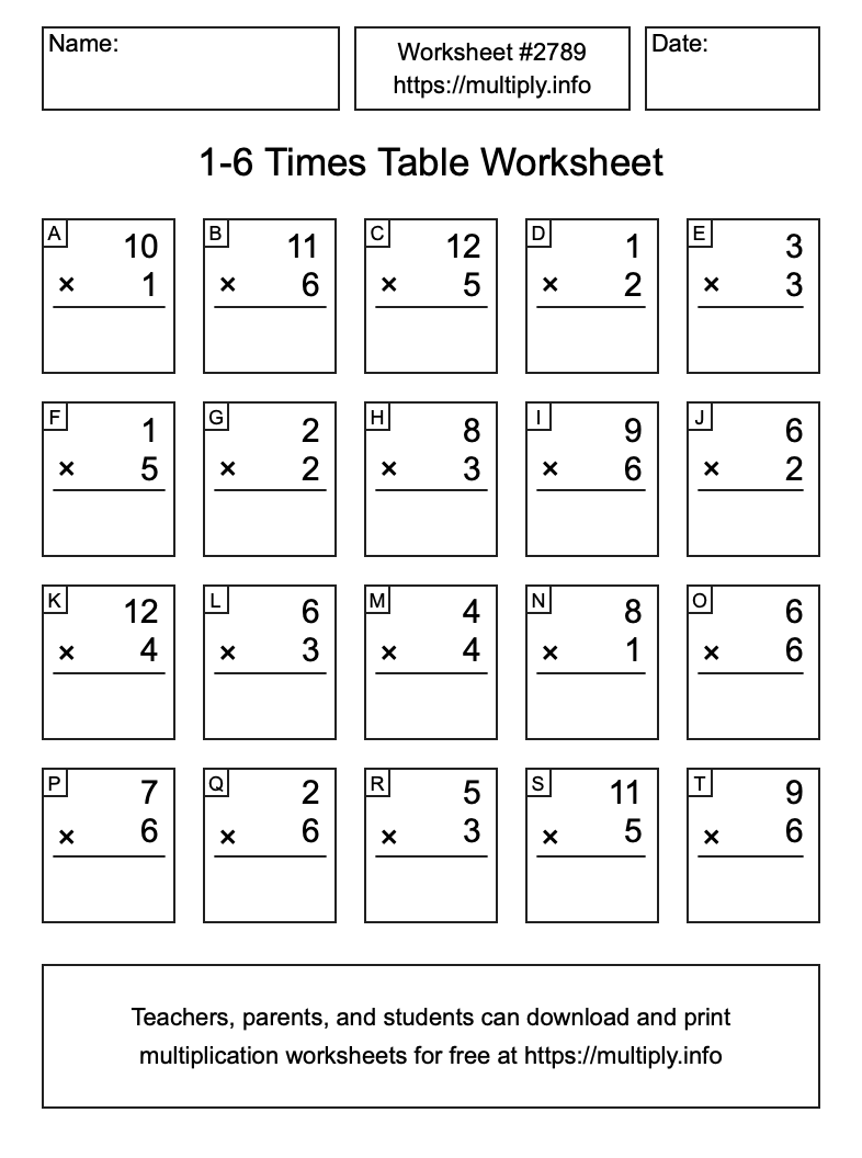 1 to 6 Times Table Worksheet #2789