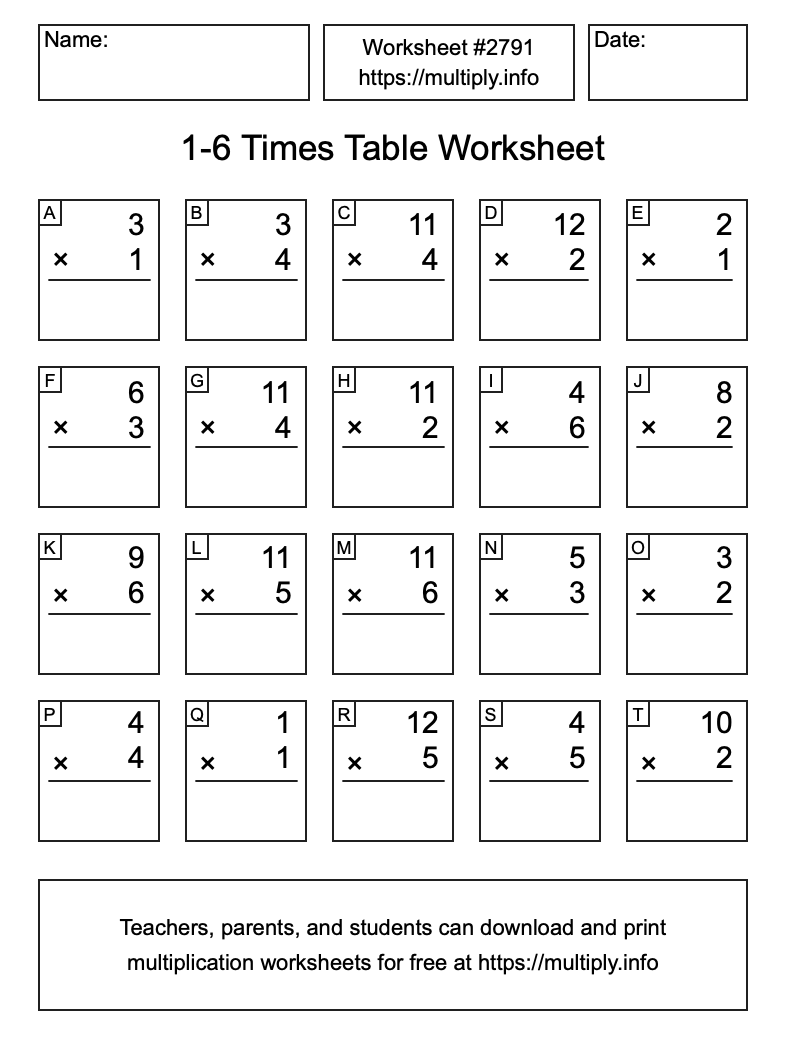 1 to 6 Times Table Worksheet #2791