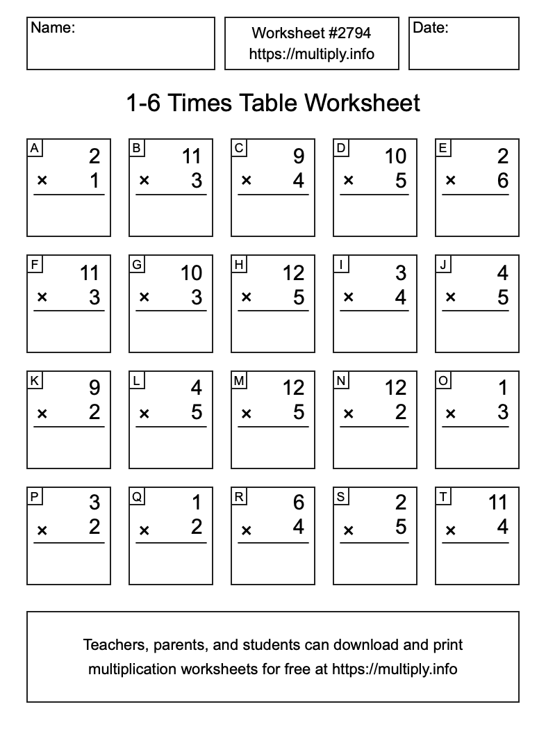 1 to 6 Times Table Worksheet #2794