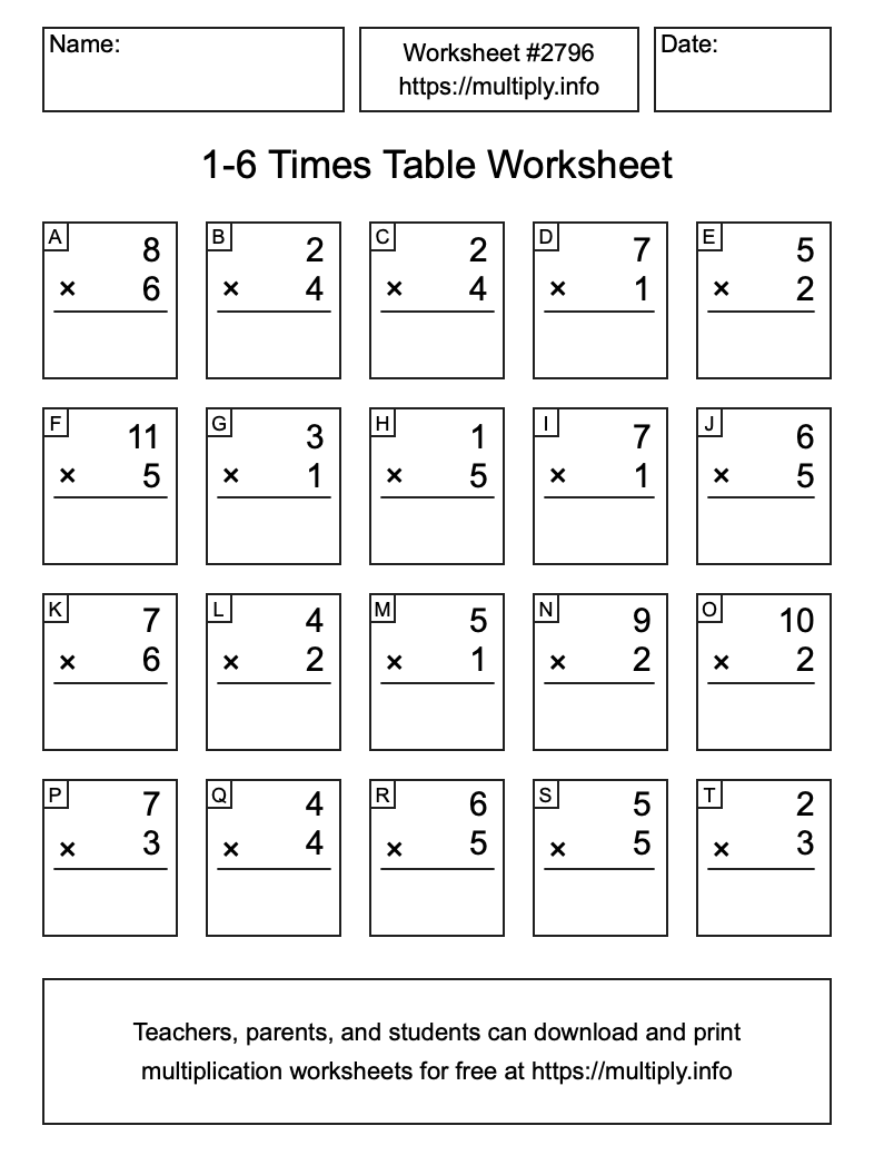 1 to 6 Times Table Worksheet #2796
