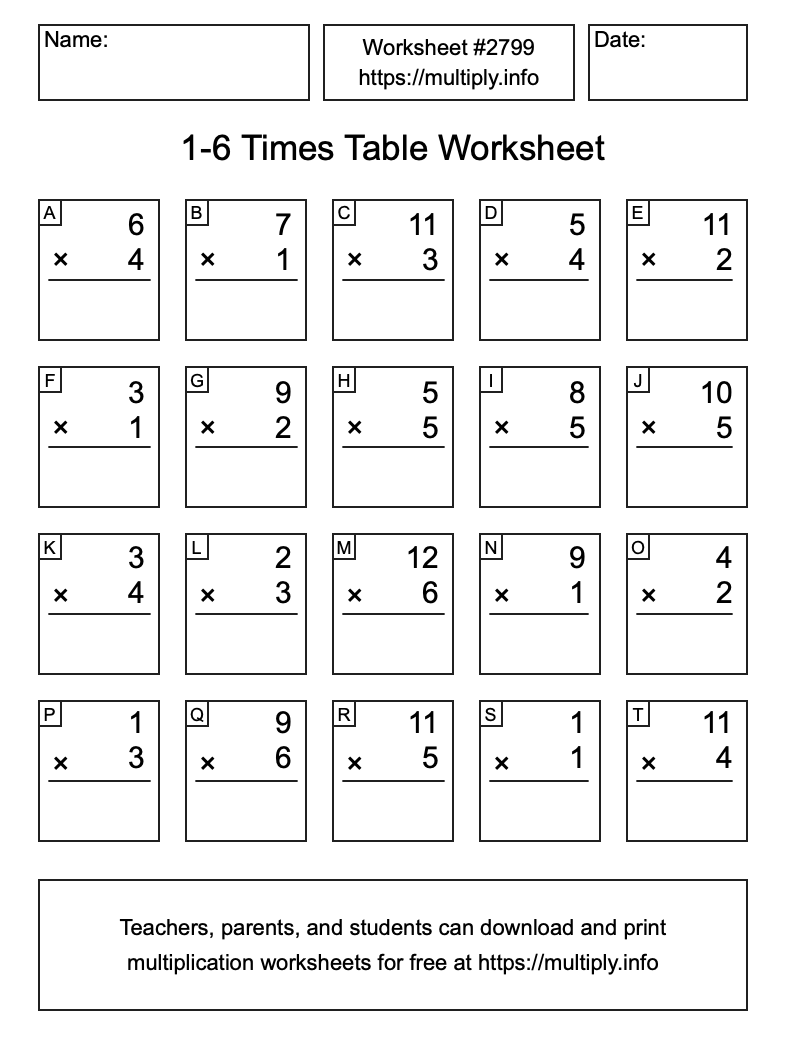 1 to 6 Times Table Worksheet #2799