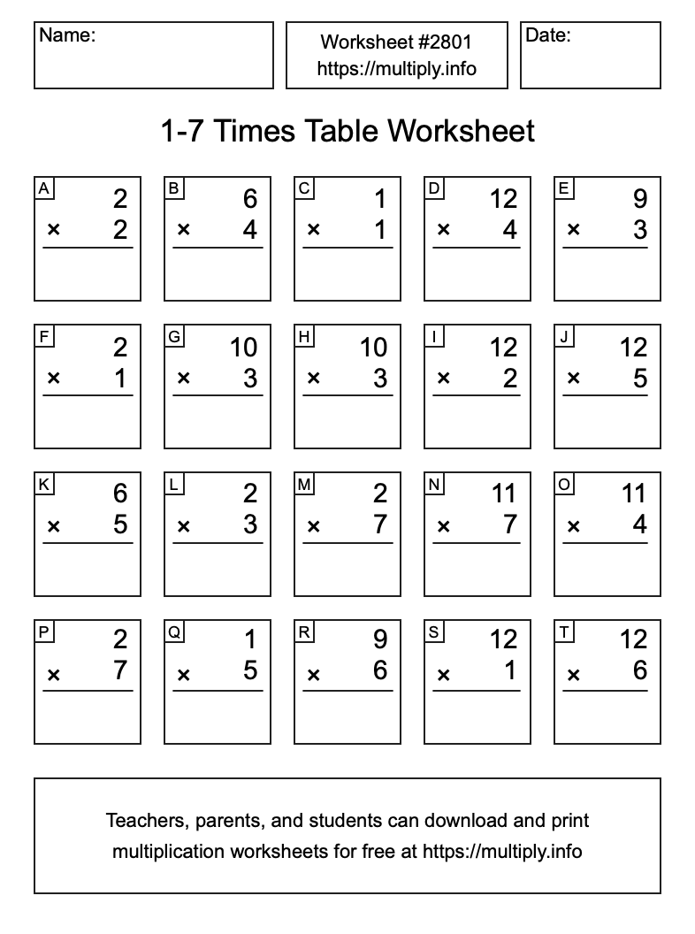 1 to 7 Times Table Worksheet #2801