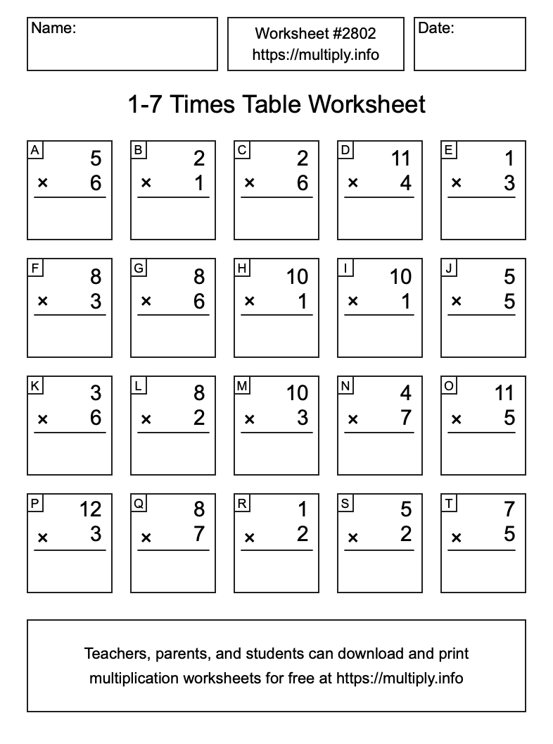 1 to 7 Times Table Worksheet #2802