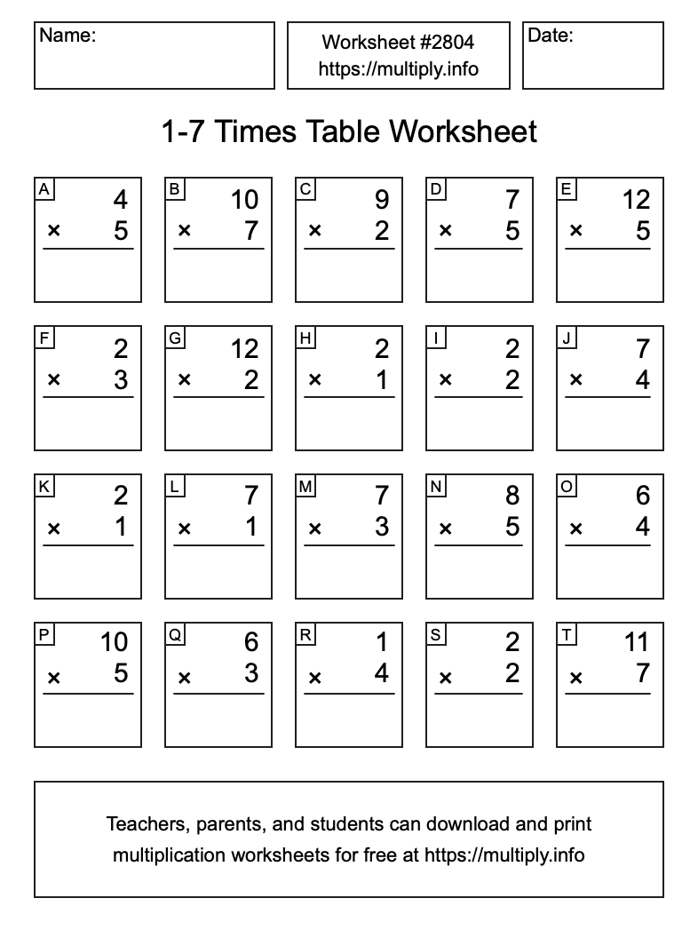 1 to 7 Times Table Worksheet #2804