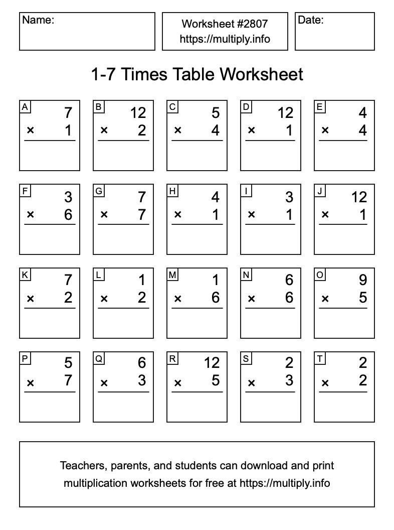 1 to 7 Times Table Worksheet #2807