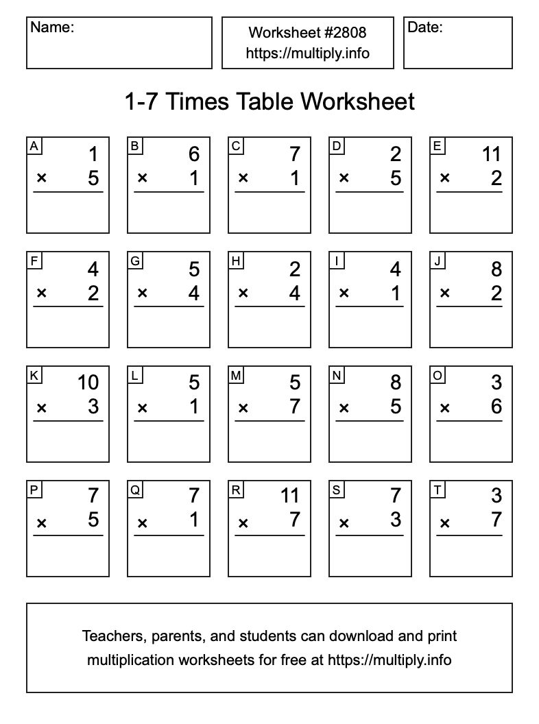 1 to 7 Times Table Worksheet #2808