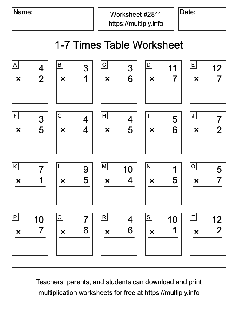 1 to 7 Times Table Worksheet #2811