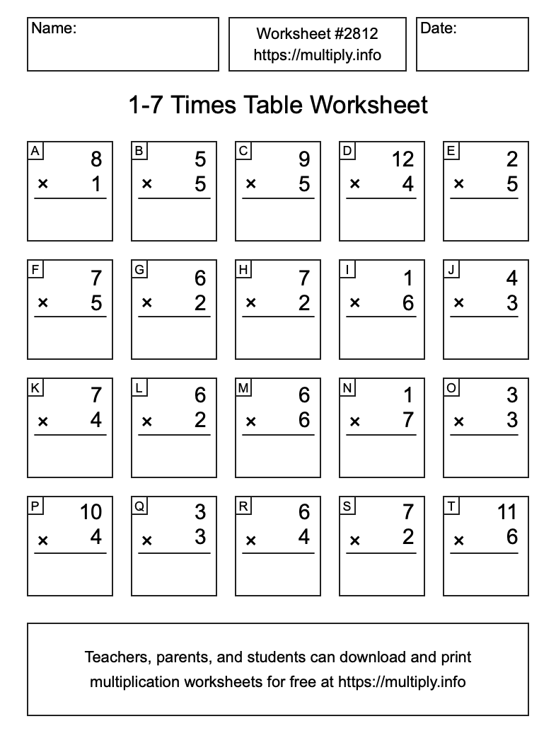 1 to 7 Times Table Worksheet #2812