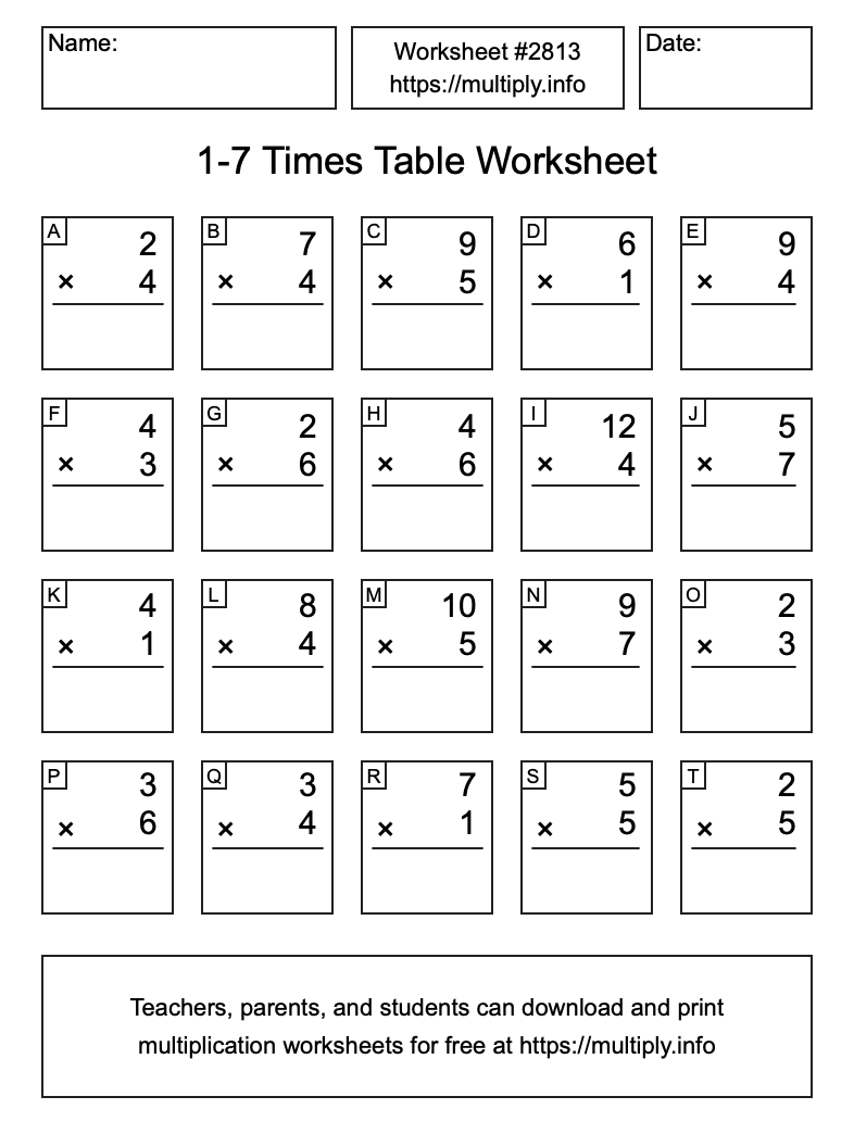 1 to 7 Times Table Worksheet #2813