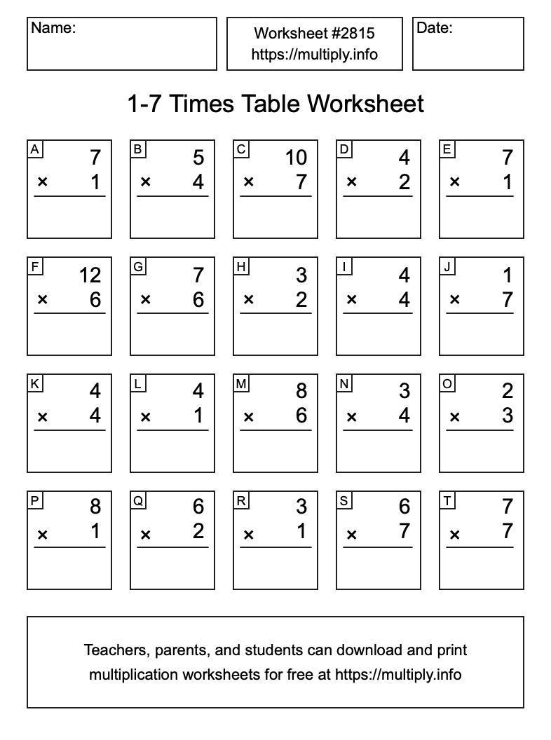 1 to 7 Times Table Worksheet #2815