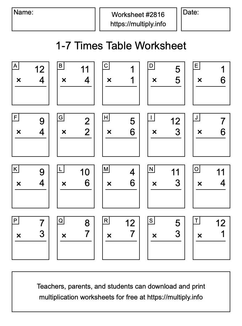 1 to 7 Times Table Worksheet #2816