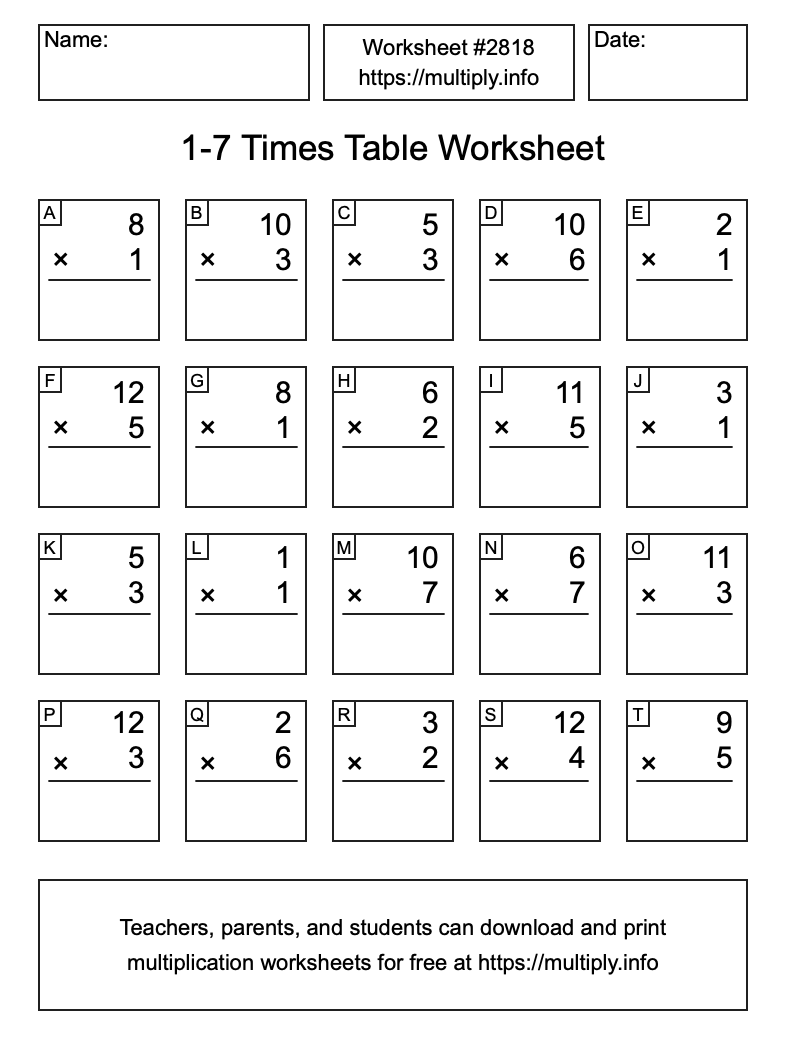 1 to 7 Times Table Worksheet #2818