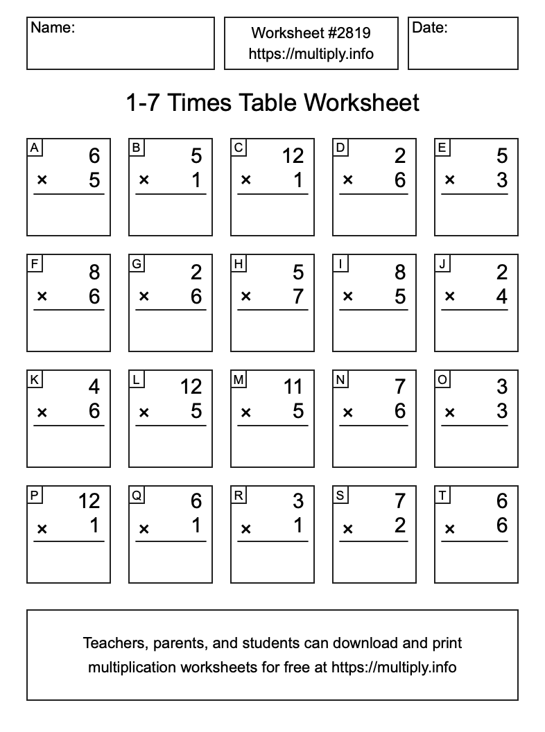 1 to 7 Times Table Worksheet #2819
