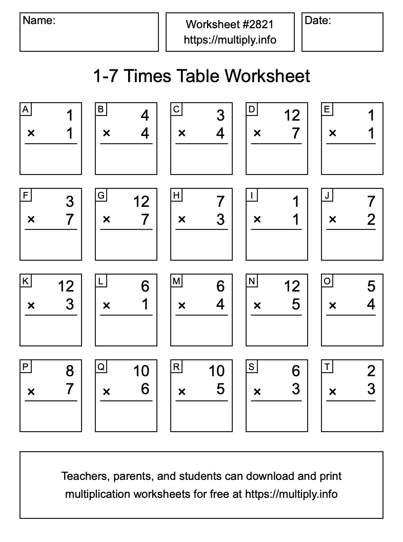 1 to 7 Times Table Worksheet #2821