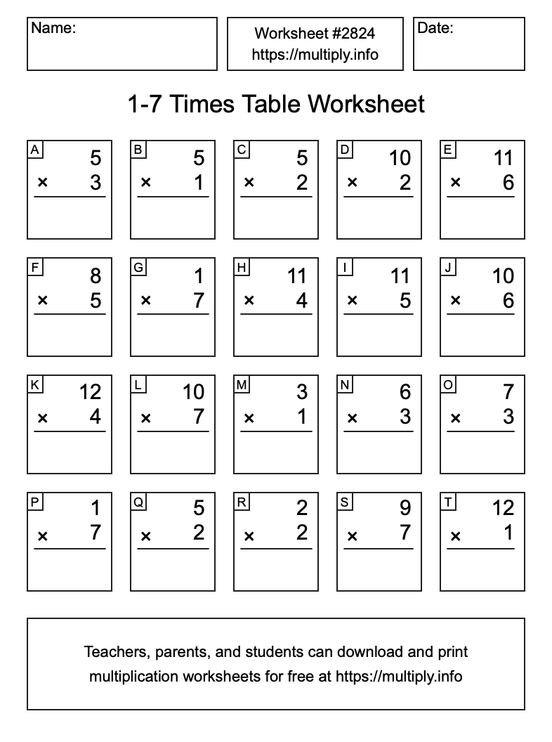 1 to 7 Times Table Worksheet #2824