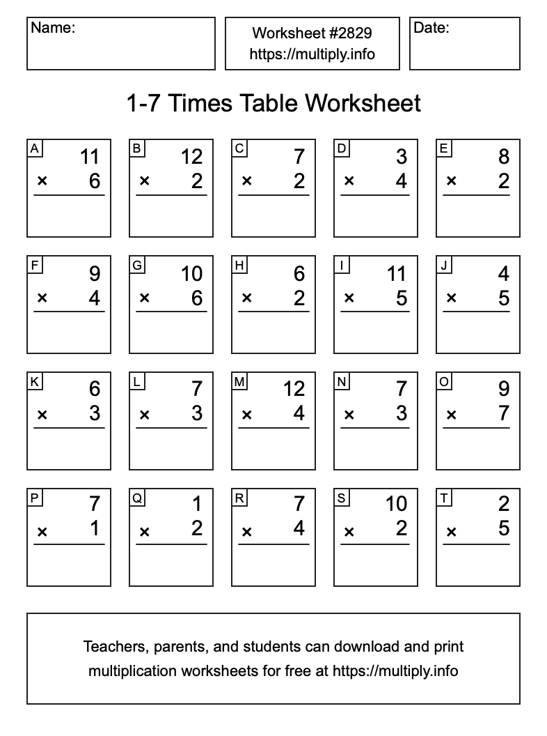 1 to 7 Times Table Worksheet #2829