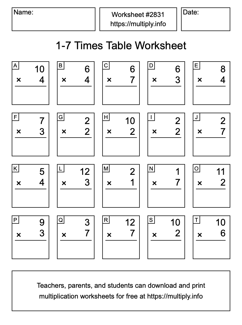 1 to 7 Times Table Worksheet #2831