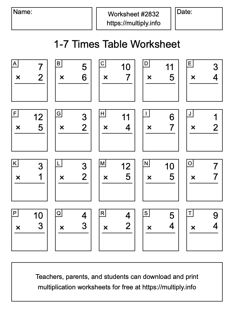 1 to 7 Times Table Worksheet #2832