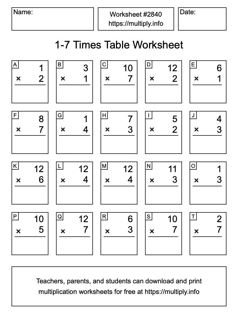 1 to 7 Times Table Worksheet #2840
