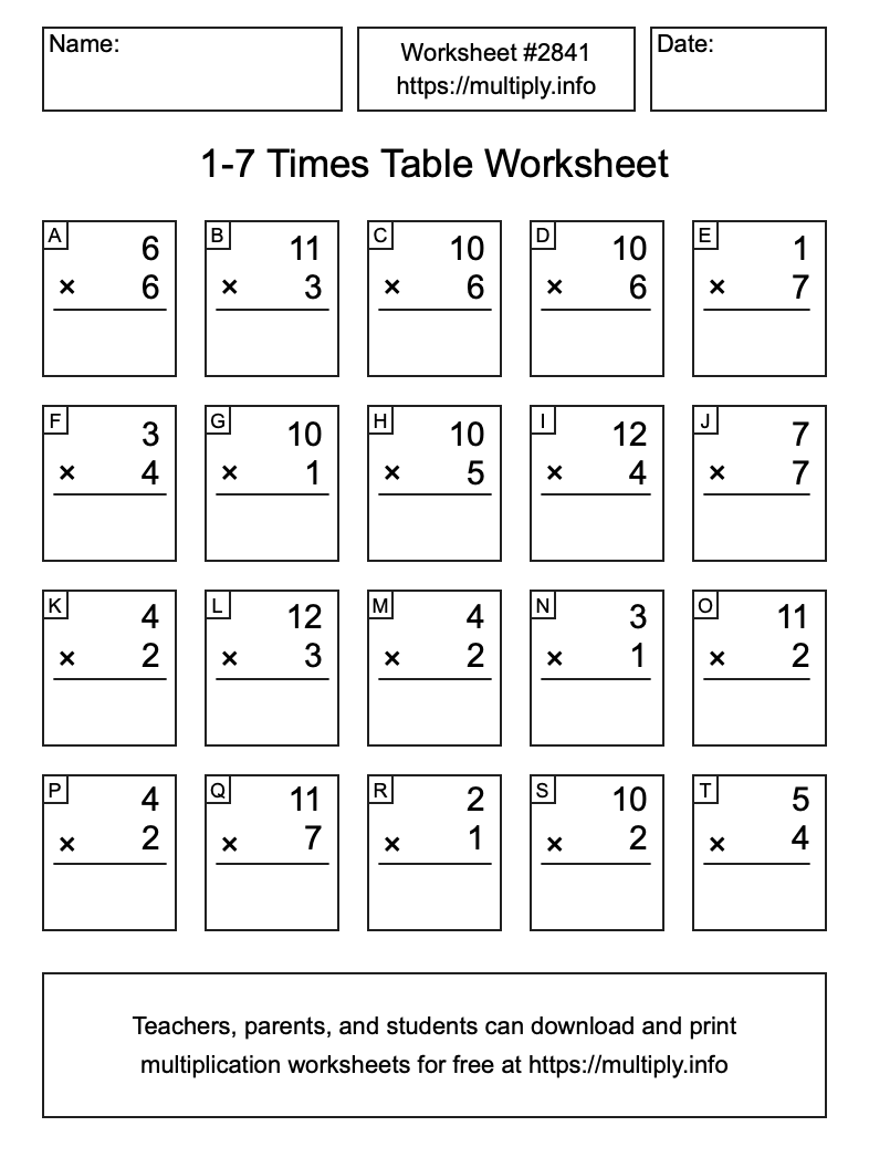 1 to 7 Times Table Worksheet #2841