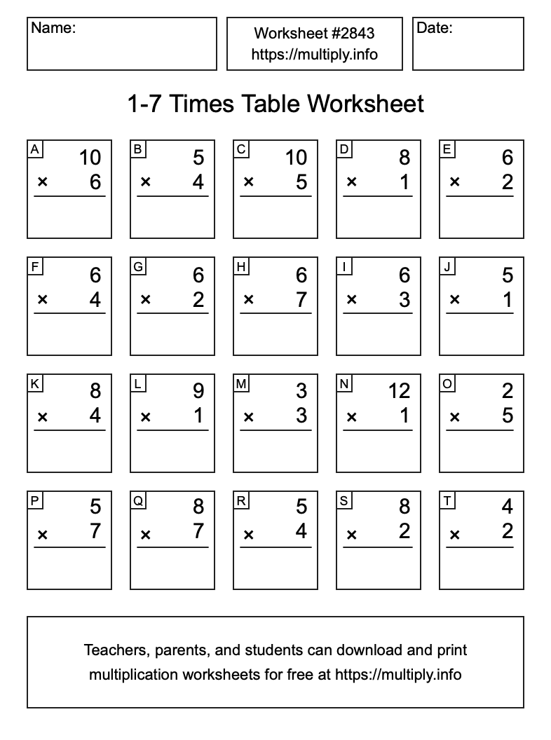 1 to 7 Times Table Worksheet #2843