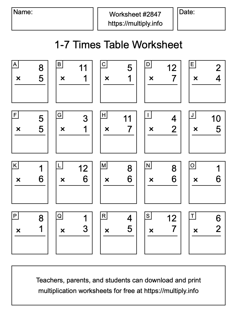 1 to 7 Times Table Worksheet #2847