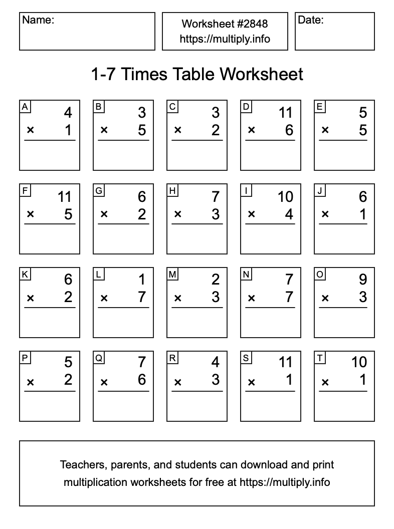 1 to 7 Times Table Worksheet #2848
