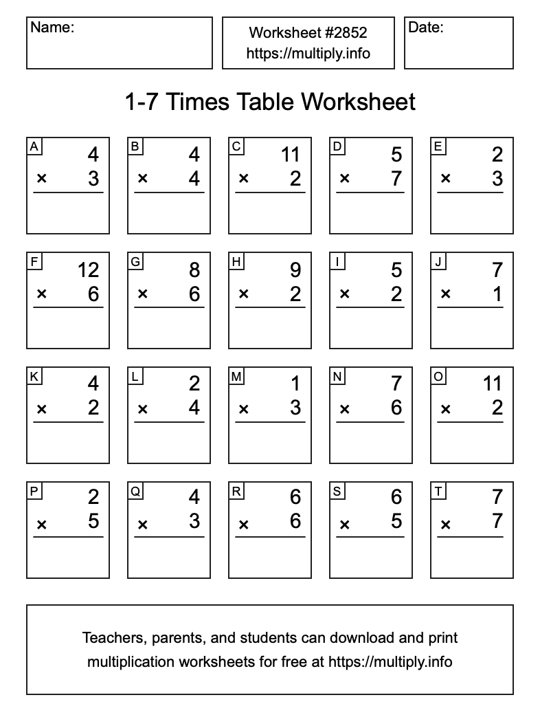 1 to 7 Times Table Worksheet #2852