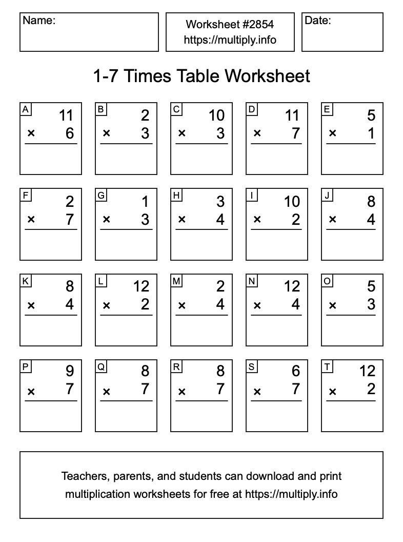 1 to 7 Times Table Worksheet #2854