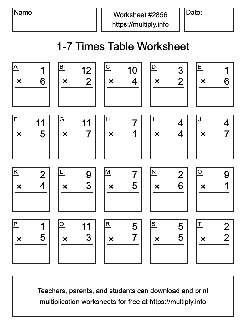 1 to 7 Times Table Worksheet #2856